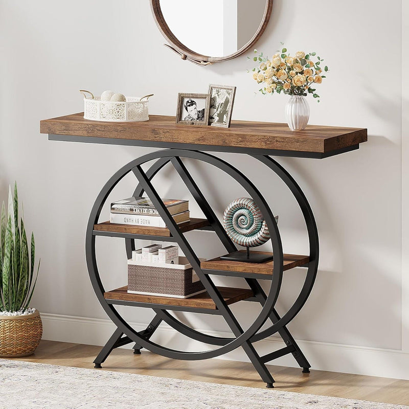 4 Tier Entryway Console Table With Geometric Circle Frame & Storage Shelves - Rustic Brown, photo 8 of 12