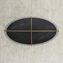 Oval Glass Coffee Table, Mid-Century Modern Design, L43 x W22 x H17 inch, Surfboard Shaped Grey Glass Top and Black Marble Finish Wood Shelf, Tapered Legs with Gold Finish Frame by CozyNest Decor