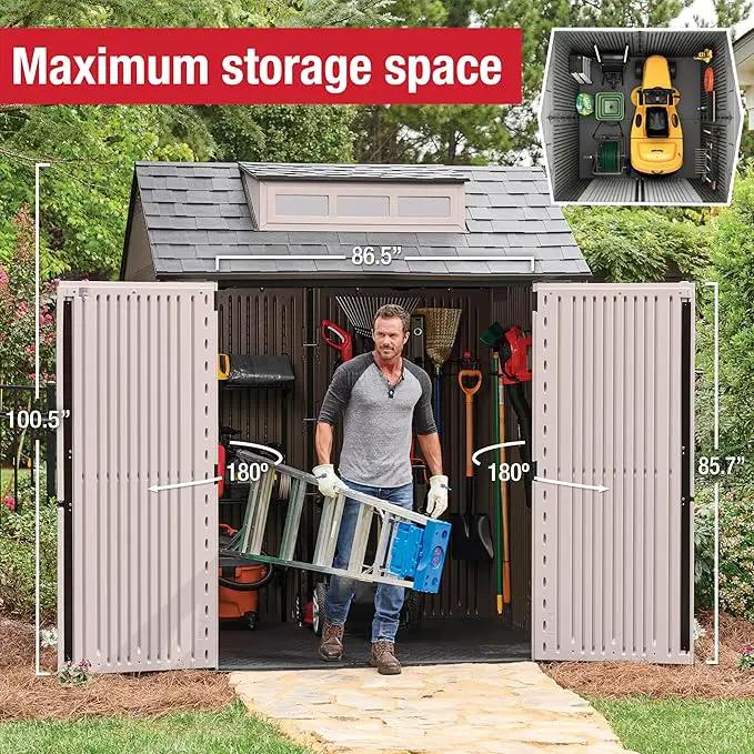 Rubbermaid Large Resin Outdoor Storage Shed With Floor (7 x 7 Ft.), Weather Resistant, Brown, Organization for Home/Lawn Mower/Backyard Equipment/Bike Storage/Pool Supplies, photo 6 of 7