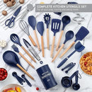Country Kitchen Non Stick Silicone Utensil Set with Rounded Wood Handles for Cooking and Baking, 38 Piece Set, Navy by CozyNest Decor
