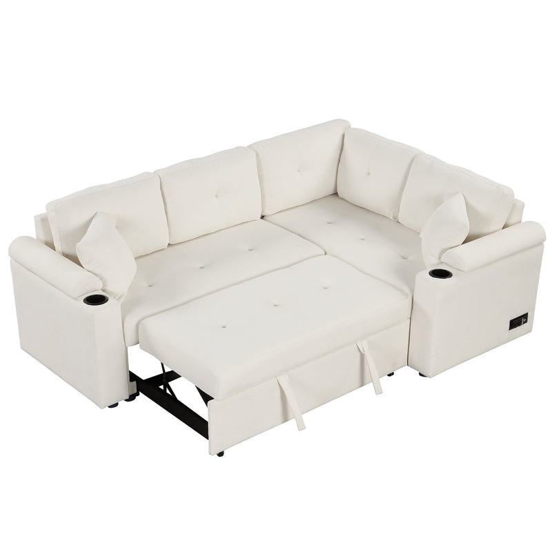 87.4" L-shape Sofa Bed Pull-out Sleeper Sofa with Wheels, USB Ports, Power Sockets for Living Room, Beige