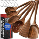 PriorityChef Premium Wooden Spoons for Cooking - 6pc Smooth Finish Teak Wooden Utensil Set with Hanging Hooks, Heat-Resistant & Nonstick Safe, Ideal for Gifting by CozyNest Decor