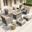 ovios 6 Pieces Patio Furniture Set with 42" Fire Pit Table, Outdoor Wicker Sofa with Comfy Cushions, All Weather High Back Rattan Couch Conversation Set, Beige by GreenHaven Gardens