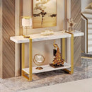 Huuger 47.2 Inch Entryway Table with Marble Top, 2-Tier Modern Console Sofa Table with Storage, Accent Table, for Entry, Hallway, Entrance, Foyer, T-Shaped Metal Frame, White Marble & Gold by CozyNest Decor