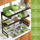 3 Tier Extra Large Stainless Steel Expandable Over The Sink Dish Drainer Drying Rack, Rust Proof Metal, Space Saving, Modern Black Big Capacity Extendable Plate Strainers Above Kitchen Counter by CozyNest Decor