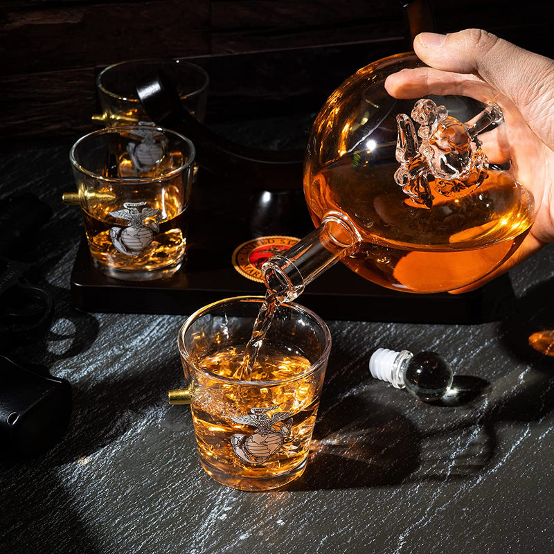 Marine Decanter Set With Four 3 oz Shot Glasses 1000ml Marines Gift Decanter by The Wine Savant - Marine Gifts, Army Gifts, Veteran Gifts