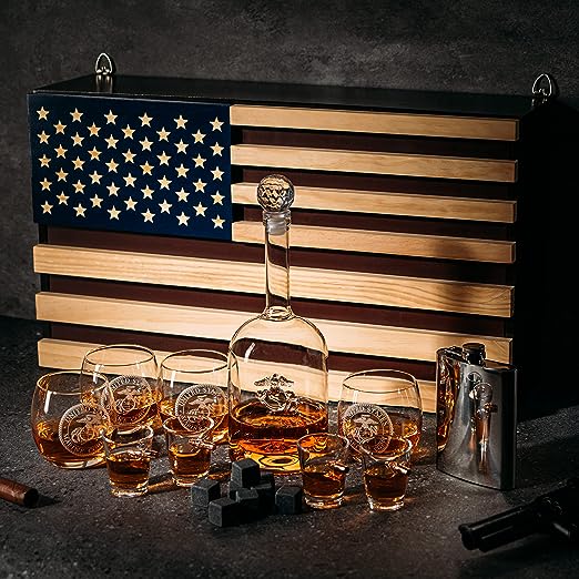 Marine Big Box Wall Decor Murphy with Decanter, 4 whiskey glasses, 4 shot glasses, marine flask, marine gifts