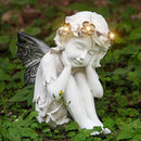 Leekung Ivory White Resin Sculpture, Angel Figurine with Solar Powered Lights for Outdoor Decor, Garden Decorations & Memorial Gifts by GreenHaven Gardens