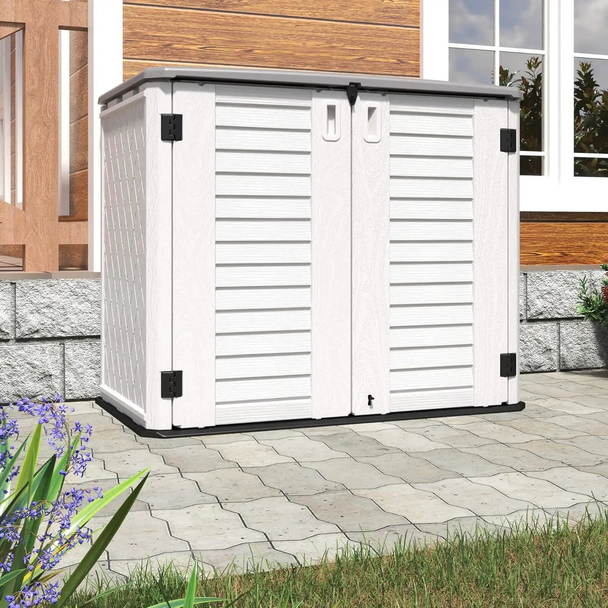 HOMSPARK Storage Shed Weather Resistance, Multi-Purpose Outdoor Storage Cabinet Waterproof, Outdoor Storage Cabinet for Bike, Garbage Cans, Lawnmower, Garden Accessories (off white, Standard-26 cu ft), photo 2 of 6