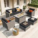 ovios 6 Pieces Patio Furniture Set with 42" Fire Pit Table, Outdoor Wicker Sofa with Comfy Cushions, All Weather High Back Rattan Couch Conversation Set, Black by GreenHaven Gardens