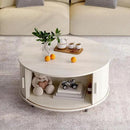Round Coffee Table with Storage, 31.5" Modern Coffee Table with 360° Curved Sliding Door, Fluted Wood Coffee Table with Adjustable Footpads, Round Center Table for Living Room, Natural White by CozyNest Decor
