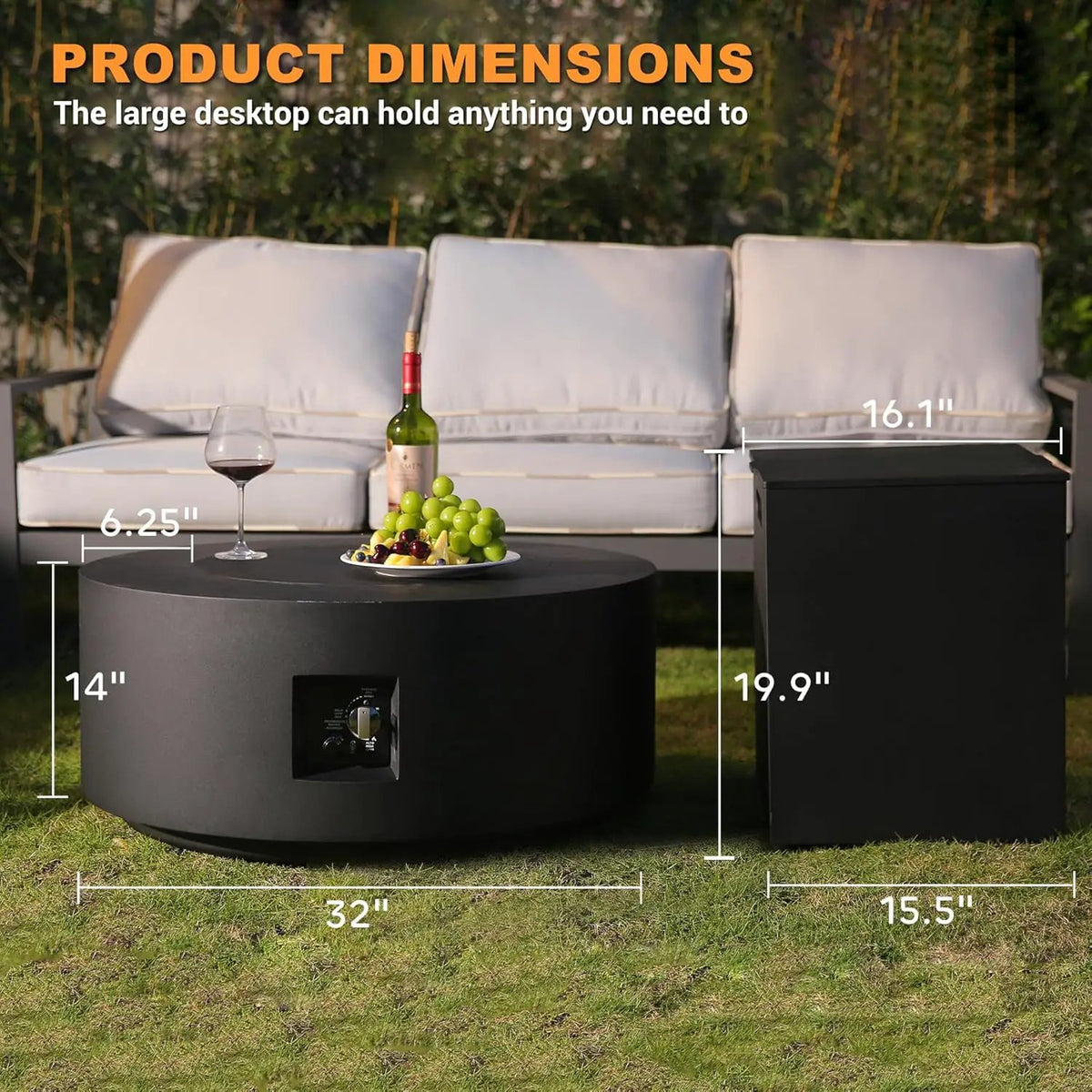 3-Piece Outdoor Fire Pit Table, 32 Inch Propane Fire Table 65,000 BTU Black Round Gas Firepit, Baking Sheet, Wind Guard and 16 inches Tank Side Table for Deck, Backyard and Pool, Black, photo 5 of 6
