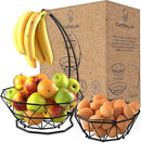 Fruit Basket with Banana Hanger and Fruit Bowl. Kitchen Counter Fruit Bowl with Banana Holder used as Bread, Vegetable or Produce Basket, Egg Holder, 2 Tier by CozyNest Decor