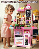 33.8IN Kids Kitchen Playset, 63 PCS Kid Play Kitchen with Realistic Lights & Sounds, Spray Sink Toy Kitchen Accessories, Pretend Food Toys Kitchen for Boys Girls Toddlers(Pink) by TinyTreasures Baby Boutique
