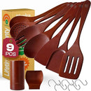 Riveira Set of 9 Premium Brown Bamboo Cooking Utensils - Bamboo Utensils for Cooking - Non-Toxic Utensils - Wooden Kitchen Set for Non-Stick Cookware by CozyNest Decor