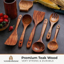 8 Pcs Teak Wooden Utensil Set with Holder, Spoon Rest & 6 Hooks - Durable Wooden Spoons for Cooking with Comfort Grip - Effortless Clean, Non-Stick Friendly by CozyNest Decor