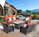 ovios 5 Pieces Patio Furniture Set with 42" Fire Pit Table, Outdoor Wicker Sofa with Loveseat, Comfy Cushions, High Back Couch Conversation Set, Brown Rattan, Orange Red by GreenHaven Gardens