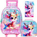 Girls Rolling Backpack, Cute Deer Roller Wheels Kids Bookbag - Wheeled Elementary School Bag - 3PCS Deer by TinyTreasures Baby Boutique