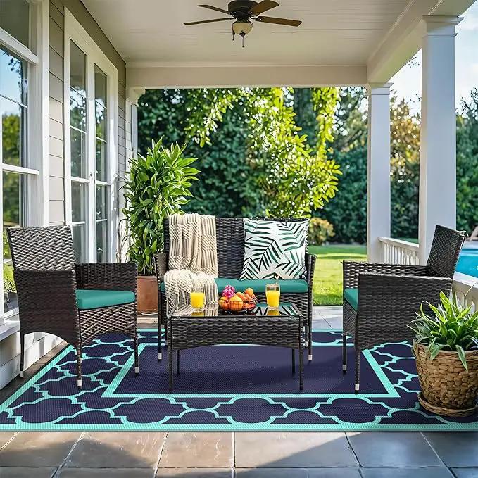 GENIMO 5 ' x 8 ' Outdoor Rug for Patio, Waterproof Indoor Outdoor Plastic Straw Rugs Carpet, Reversible Outside Area Mat for Camping, Balcony Porch, Deck, Picnic, Beach Navy Blue & Jade Green, photo 2 of 7