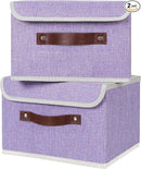 ANMINY 2PCS Storage Bins with Lid PU Leather Handles Storage Boxes PP Plastic Board Decorative Foldable Lidded Cotton Linen Fabric Home Cubes Baskets Closet Organizer Containers - Purple, Small Size by TinyTreasures Baby Boutique