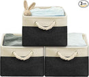 SIMPLE HOUSEWARE Large Fabric Storage Bin, 15.7" x 12" with Braided Handles, 3 Pack, Black by CozyNest Decor