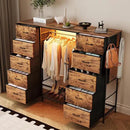 LUMTOK 55W 2-in-1 Dresser with Hanging Rack, 10 Drawers Dresser for Bedroom,Dressers with Fabric Drawers,LED Lights, Charging Station and Hanging Racks for Bedroom (Rustic Brown) by CozyNest Decor