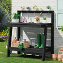 SERWALL Potting Bench Outdoor with Storage, 3-Tier HDPE Gardening Table with Angled Legs & Tool Hooks, All-Weather Heavy Duty Potting Table for Patio, Backyard, Garden, Black by GreenHaven Gardens