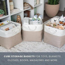 OrganiHaus 13x13 Cube Storage Bins 4 Pack, Foldable Cube Storage Organizer w/ Rope Handles, Collapsible Fabric Bins for Toys, Clothes & Closet Organization, Fabric Square Baskets - Beige/White by CozyNest Decor
