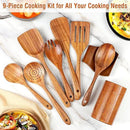 9 Piece Natural Teak Wooden Kitchen Utensil Set with Spoon Rest - Comfort Grip Cooking Spoons and Utensils Holder by CozyNest Decor
