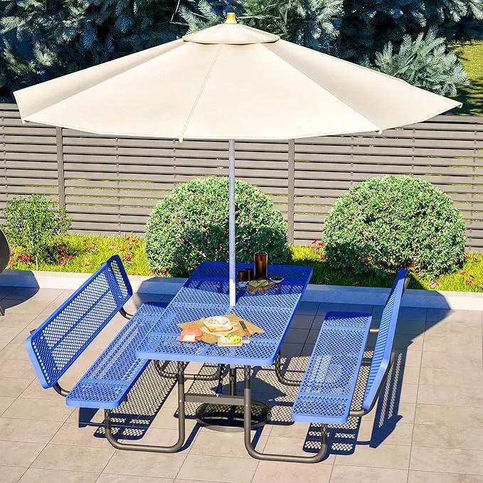 79'' Steel Rectangular Picnic Table for Outdoors, with backrest, Expanded, Lifetime Picnic Table with Umbrella Hole, Heavy Duty Sturdy Commercial Picnic Tables for Garden Courtyard BBQ, Blue, photo 8 of 9