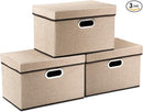 PRANDOM Collapsible Storage Cubes with Lids [3-Pack] Jute Fabric Foldable Storage Boxes Organizer Containers Baskets Bins with Cover for Home Bedroom Closet Office Nursery (14.9x9.8x9.8) by TinyTreasures Baby Boutique