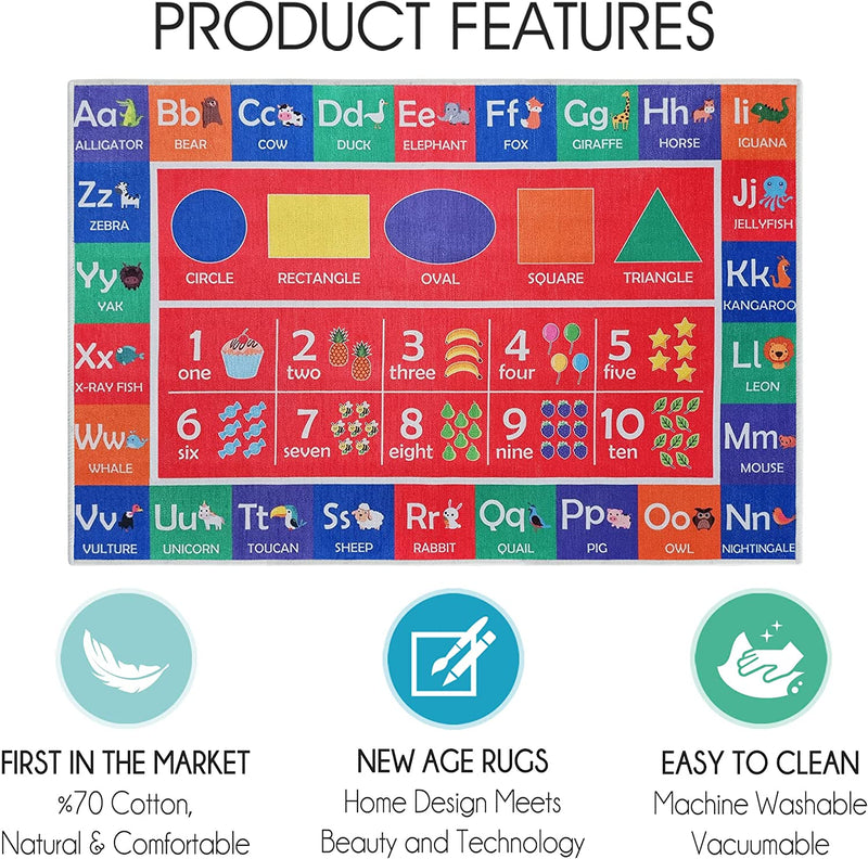 Sussex Home Low Pile Kids Rug for Playroom - Washable Cotton Educational Rug for Kids Room - 39.5 x 59 Inches - Play Rug Pattern