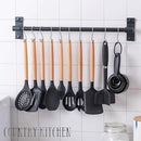 Country Kitchen Non Stick Silicone Utensil Set with Rounded Wood Handles for Cooking and Baking, 38 Piece Set, Black by CozyNest Decor