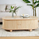 Oval Coffee Table with Storage for Living Room, Retro Charm Wooden Fluted Center Table, 47.24" Modern Classic Accordion Door Coffee Tables Dual Level Storage Side Table for Home,Office-Natural by CozyNest Decor