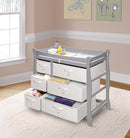 Badger Basket Sleigh Style Baby Changing Table - Diaper Station with 6 Removable Storage Baskets, Safety Rails, Pad, and Belt - Nursery Organizer - Gray/White by TinyTreasures Baby Boutique