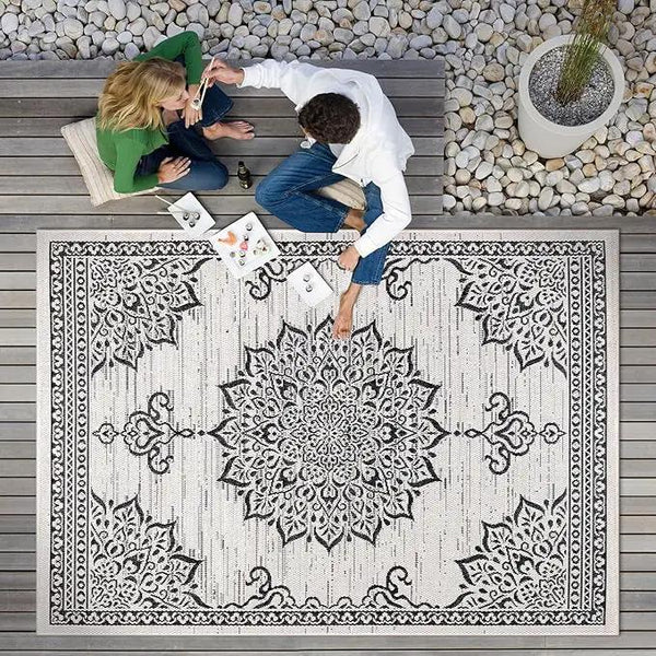 CAMILSON Outdoor Rug, 5x7 Medallion White Black Modern Area Rugs for Indoor and Outdoor Patios, Kitchen and Hallway Mats, Washable Porch Deck Outside Carpet (Medallion White, 5 x 7), photo 2 of 9