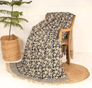 Handmade Cotton Throw Blanket, Floral Block Print, Black and Beige Wrap, 47x71 inches Decorative Woven Throw with Tassels by CozyNest Decor