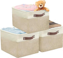 SIMPLE HOUSEWARE Large Fabric Storage Bin, 15" x 11" with Leather Like Handles, 3 Pack, Beige by CozyNest Decor