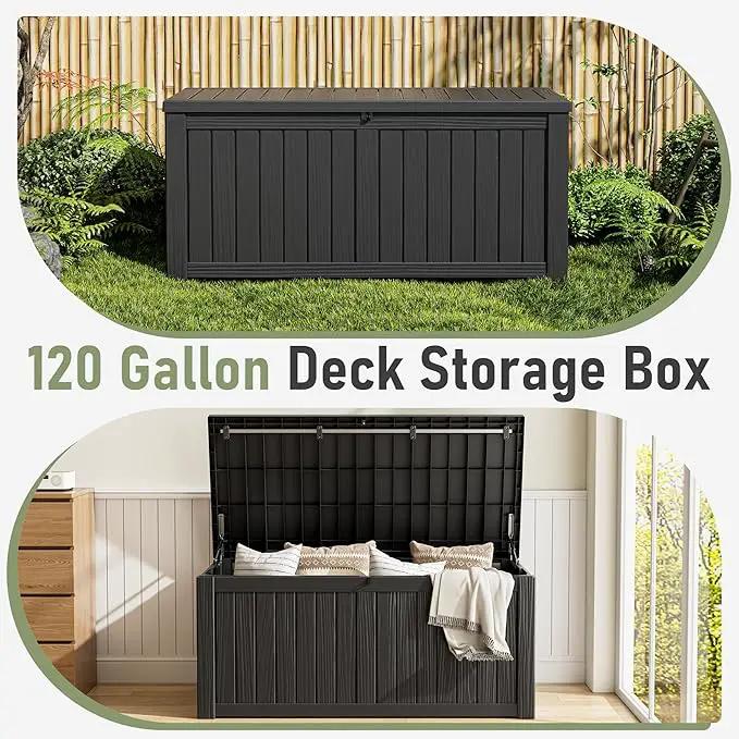 KAMABOKO Outdoor Storage Box, 120 Gallon Large Outdoor Resin Deck Box, Storage Waterproof Boxes Lockable Lid for Garden Tools, Pool Supplies, Patio Furniture and Cushions, Black, photo 8 of 8
