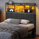 Headboard with 3-Tier Storage Shelves, Velvet Upholstered Head Board with 2 Outlets, USB Ports & LED Light, Soft Backrest for Full Size Bed, Rustic Brown and Black BH13801B by CozyNest Decor
