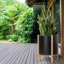 D'vine Dev Planter Pot with Stand - 16 Inch Plastic Cylinder Flower Pot with Wood Planter Holder for Indoor, Matte Black Pot + Natural Stand, 55-C-Y-2 by GreenHaven Gardens