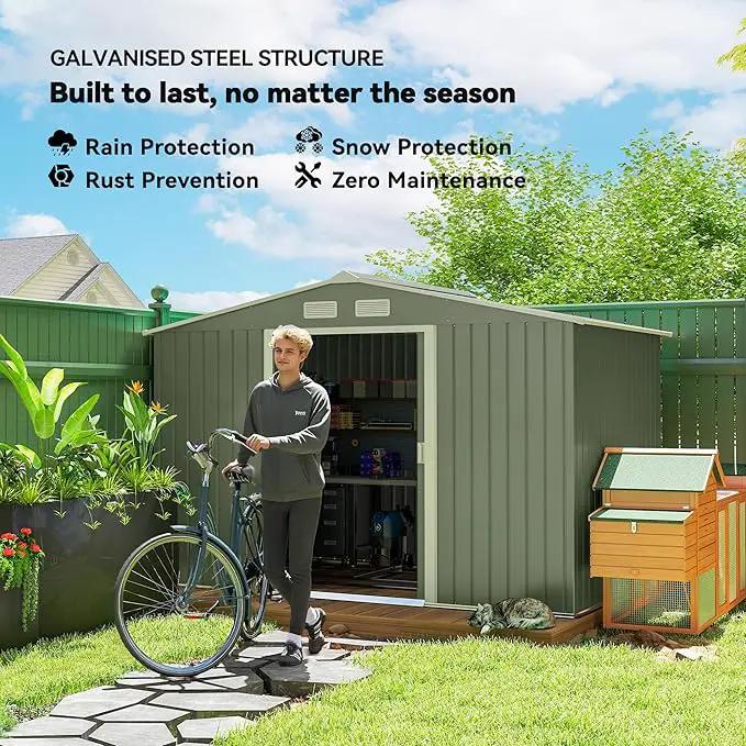 Outsunny 9' x 6' Outdoor Storage Shed, Garden Tool Metal Shed with Foundation Kit, Double Lockable Door, Air Vents and Sloping Roof, for Backyard, Patio, Lawn, Green, photo 3 of 9