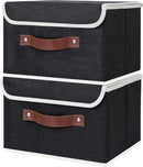 ANMINY 2PCS Storage Bins with Lid PU Leather Handles Storage Boxes PP Plastic Board Decorative Foldable Lidded Cotton Linen Fabric Home Cubes Baskets Closet Organizer Containers - Black, Small Size by TinyTreasures Baby Boutique
