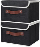 ANMINY 4PCS Storage Bins with Lid PU Leather Handles Storage Boxes PP Plastic Board Decorative Foldable Lidded Cotton Linen Fabric Home Cubes Baskets Closet Organizer Containers - Black, Small Size by CozyNest Decor