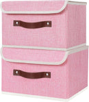 ANMINY 2PCS Storage Bins with Lid PU Leather Handles Storage Boxes PP Plastic Board Decorative Foldable Lidded Cotton Linen Fabric Home Cubes Baskets Closet Organizer Containers - Pink, Small Size by TinyTreasures Baby Boutique