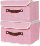 ANMINY 2PCS Storage Bins with Lid PU Leather Handles Storage Boxes PP Plastic Board Decorative Foldable Lidded Cotton Linen Fabric Home Cubes Baskets Closet Organizer Containers - Pink, Small Size by CozyNest Decor