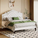 Allewie Full Size Bed Frame with Adjustable Velvet Tiara Headboard, Upholstered Diamond Button Tufted Platform Bed, Wood Slats Support, No Box Spring Needed, White by CozyNest Decor