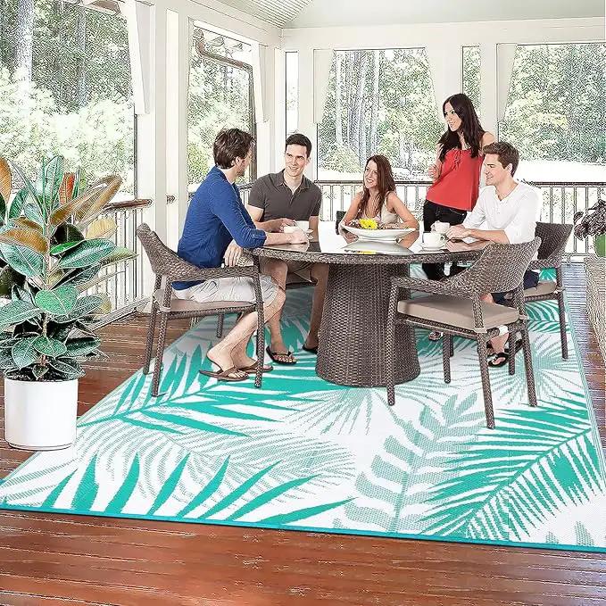 Outdoor Rug 8'x10' Waterproof for Patios Clearance, Reversible Outdoor Plastic Straw Rug Camping Carpet, Outside Floor Mats Large Area Rugs for RV,Patio,Deck,Porch, Beach,Balcony,Teal&White, photo 5 of 9