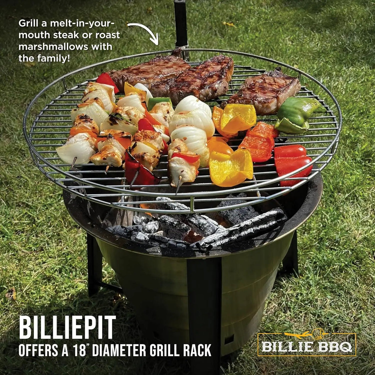 18-Inch Portable Campfire Pit & Grill - Stainless Steel Fire Pit with Raised Edge Grilling Rack, photo 4 of 6