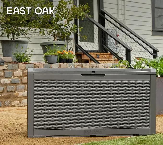 EAST OAK Outdoor Storage Box, 100 Gallon Deck Box, Waterproof Resin Storage Bench for Patio Cushions, Gardening Tools, Pool Accessories, Lockable, UV Resistant, Grey, photo 6 of 7
